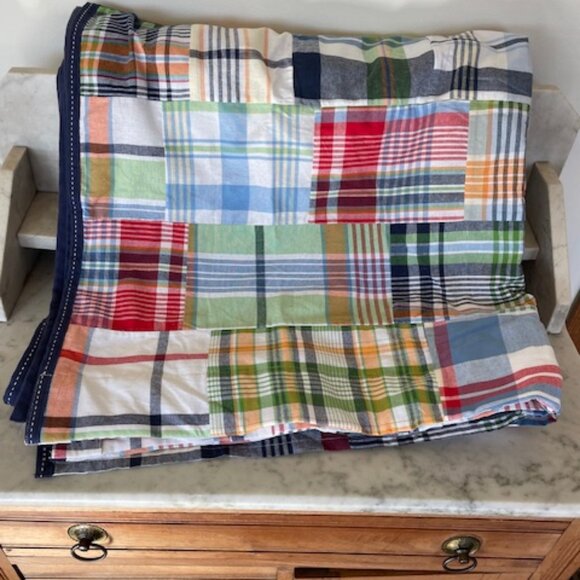 POTTERY BARN KIDS Blue Madras Plaid Patchwork Blackout Curtain Panel (1) - Picture 4 of 16